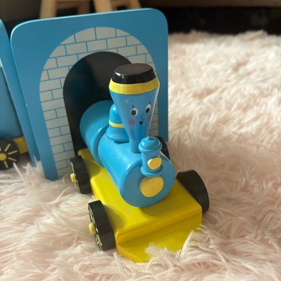 Vintage Blue and Yellow Train Bookends Kids Room Decor - Picture 2 of 7